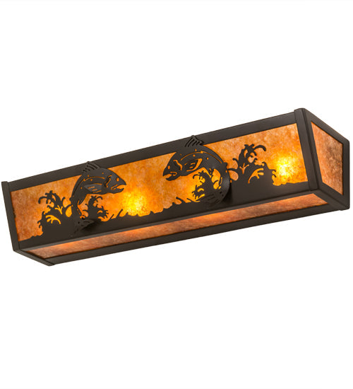 Meyda Lighting Leaping Trout 24" 4-Light Timeless Bronze Vanity Light With Amber Mica Shade Glass