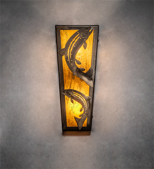 Meyda Lighting Leaping Trout 5" 2-Light Antique Copper Wall Sconce With Honey Art Shade Glass