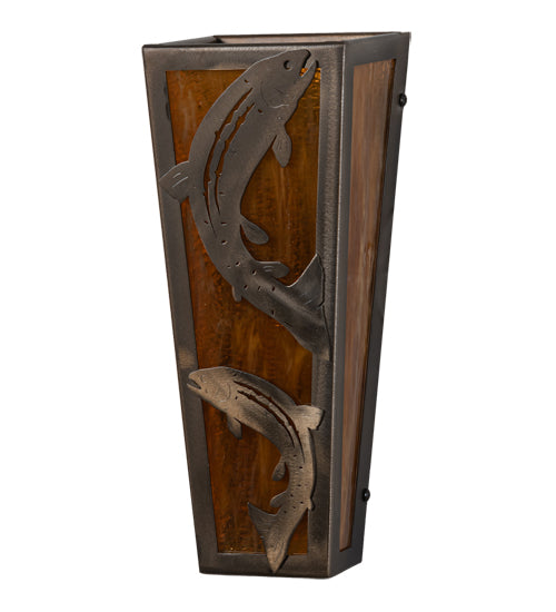 Meyda Lighting Leaping Trout 5" 2-Light Antique Copper Wall Sconce With Honey Art Shade Glass