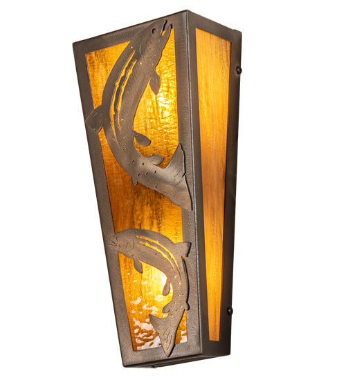 Meyda Lighting Leaping Trout 5" 2-Light Antique Copper Wall Sconce With Honey Art Shade Glass