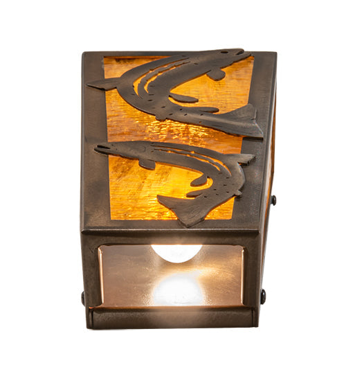 Meyda Lighting Leaping Trout 5" 2-Light Antique Copper Wall Sconce With Honey Art Shade Glass