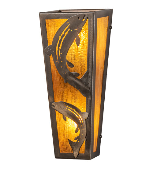 Meyda Lighting Leaping Trout 5" 2-Light Antique Copper Wall Sconce With Honey Art Shade Glass