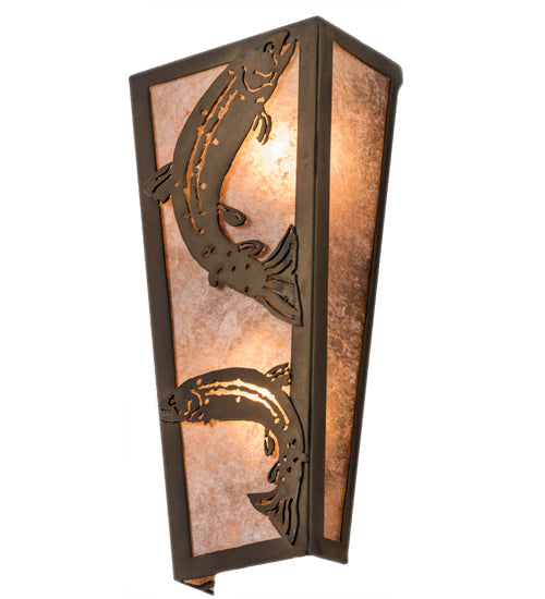 Meyda Lighting Leaping Trout 5" 2-Light Antique Copper Wall Sconce With Silver Mica Shade Glass