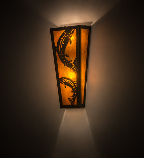 Meyda Lighting Leaping Trout 5" 2-Light Timeless Bronze Wall Sconce With Amber Mica Shade Glass