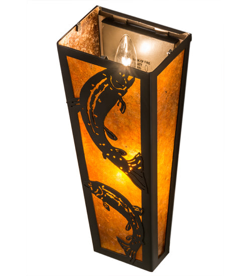 Meyda Lighting Leaping Trout 5" 2-Light Timeless Bronze Wall Sconce With Amber Mica Shade Glass
