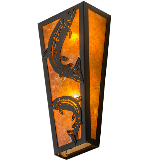 Meyda Lighting Leaping Trout 5" 2-Light Timeless Bronze Wall Sconce With Amber Mica Shade Glass