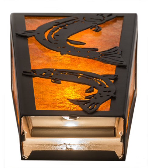 Meyda Lighting Leaping Trout 5" 2-Light Timeless Bronze Wall Sconce With Amber Mica Shade Glass