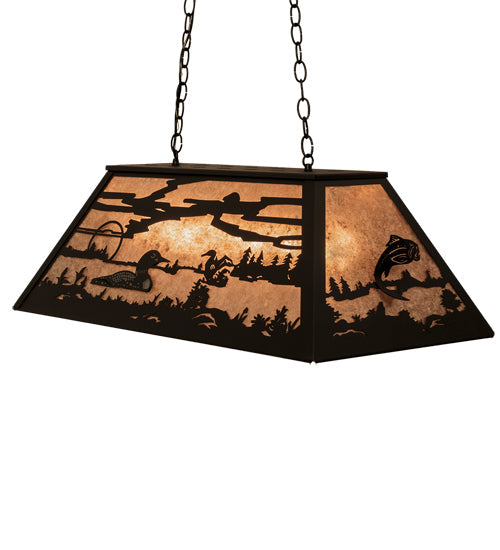 Meyda Lighting Leaping Trout & Loon 33" 6-Light Textured Black Island Pendant Light With Silver Mica Shade Glass
