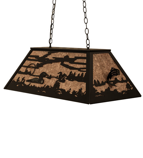 Meyda Lighting Leaping Trout & Loon 33" 6-Light Textured Black Island Pendant Light With Silver Mica Shade Glass