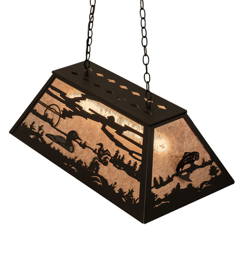 Meyda Lighting Leaping Trout & Loon 33" 6-Light Textured Black Island Pendant Light With Silver Mica Shade Glass
