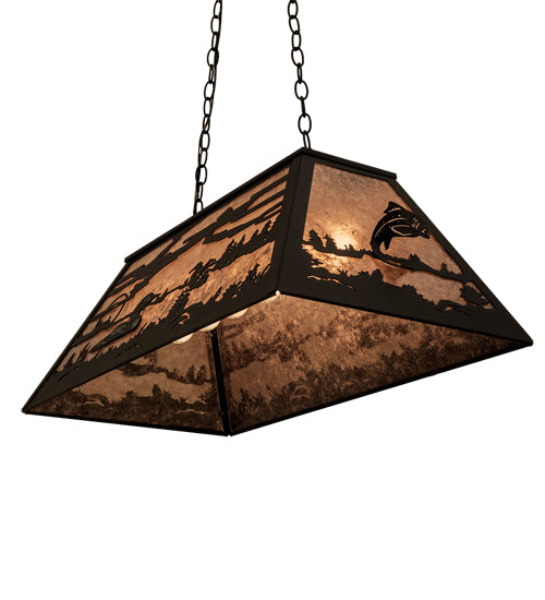 Meyda Lighting Leaping Trout & Loon 33" 6-Light Textured Black Island Pendant Light With Silver Mica Shade Glass