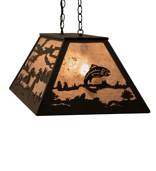 Meyda Lighting Leaping Trout & Loon 33" 6-Light Textured Black Island Pendant Light With Silver Mica Shade Glass