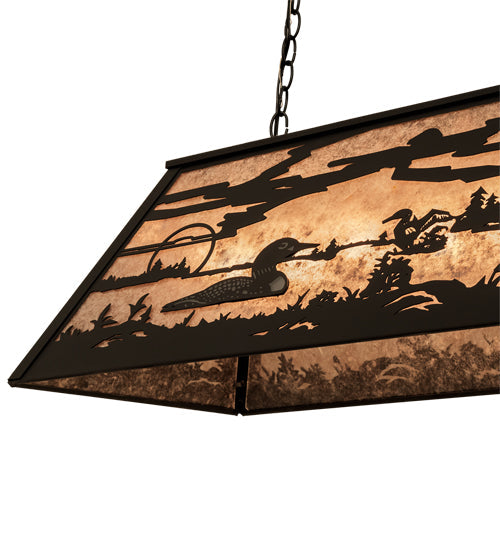 Meyda Lighting Leaping Trout & Loon 33" 6-Light Textured Black Island Pendant Light With Silver Mica Shade Glass