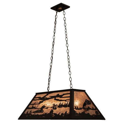 Meyda Lighting Leaping Trout & Loon 33" 6-Light Textured Black Island Pendant Light With Silver Mica Shade Glass