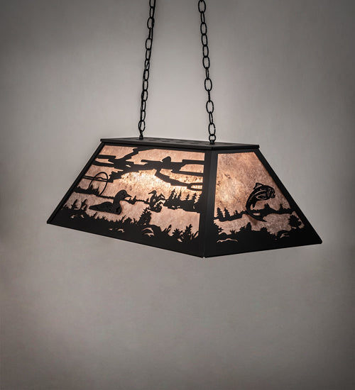 Meyda Lighting Leaping Trout & Loon 33" 6-Light Textured Black Island Pendant Light With Silver Mica Shade Glass