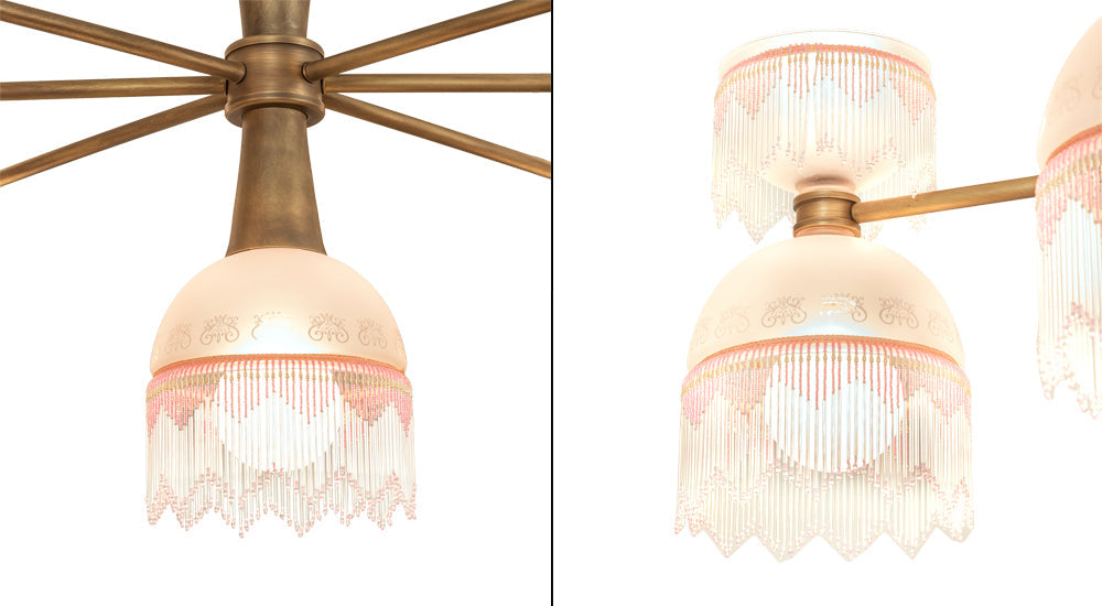 Meyda Lighting Lex 86" 13-Light Matte Brass Chandelier With Pink Shade Glass