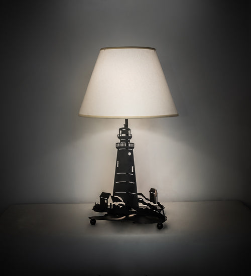 Meyda Lighting Lighthouse 13" 2-Light Black Double Lit Table Lamp With Ivory Textrene Shade