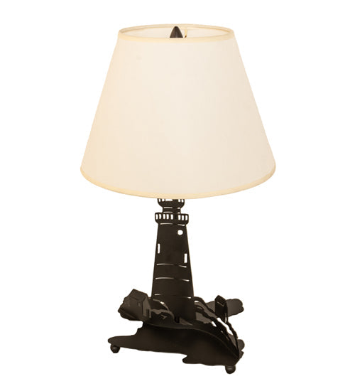 Meyda Lighting Lighthouse 13" 2-Light Black Double Lit Table Lamp With Ivory Textrene Shade