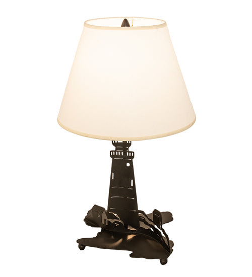 Meyda Lighting Lighthouse 13" 2-Light Black Double Lit Table Lamp With Ivory Textrene Shade