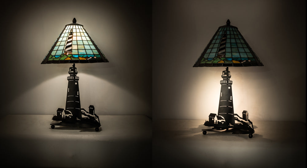 Meyda Lighting Lighthouse 23" 2-Light Bronze Table Lamp With Multi-Colored Shade Glass and Lighted Base