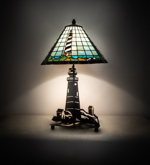 Meyda Lighting Lighthouse 23" 2-Light Bronze Table Lamp With Multi-Colored Shade Glass and Lighted Base