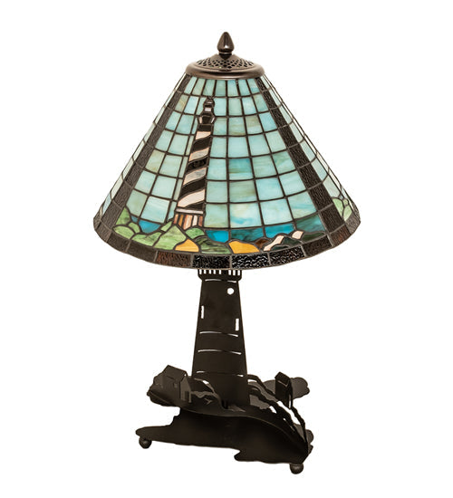 Meyda Lighting Lighthouse 23" 2-Light Bronze Table Lamp With Multi-Colored Shade Glass and Lighted Base