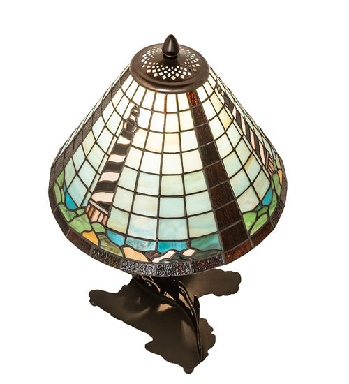 Meyda Lighting Lighthouse 23" 2-Light Bronze Table Lamp With Multi-Colored Shade Glass and Lighted Base