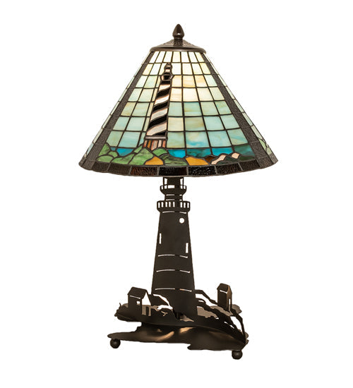 Meyda Lighting Lighthouse 23" 2-Light Bronze Table Lamp With Multi-Colored Shade Glass and Lighted Base