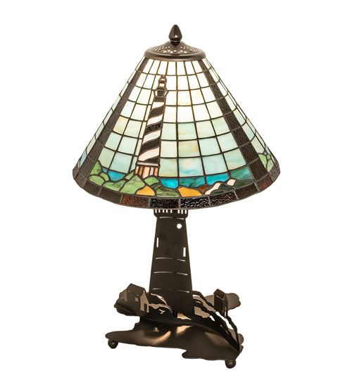 Meyda Lighting Lighthouse 23" 2-Light Bronze Table Lamp With Multi-Colored Shade Glass and Lighted Base
