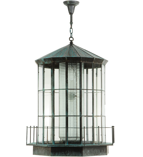 Meyda Lighting Lighthouse 29" 2-Light Verdi Lantern Pendant Light With Prismatic Clear Shade Glass
