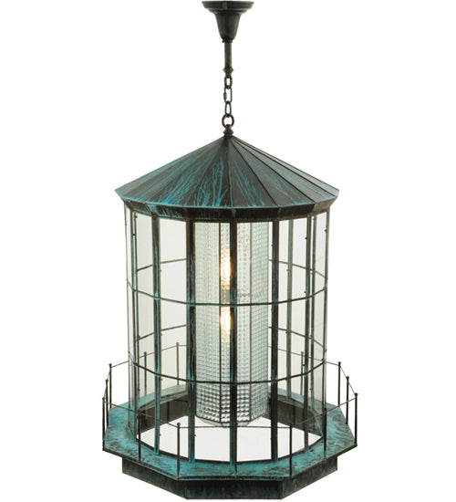 Meyda Lighting Lighthouse 29" 2-Light Verdi Lantern Pendant Light With Prismatic Clear Shade Glass