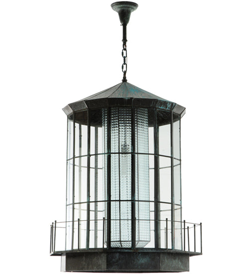 Meyda Lighting Lighthouse 29" Verdigris Lantern Pendant Light With Clear Prismatic Shade Glass