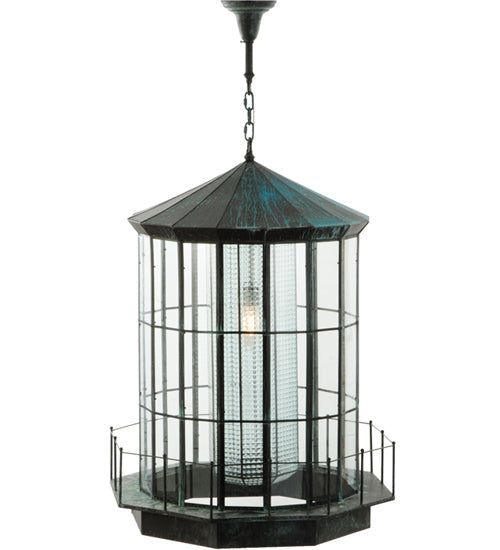 Meyda Lighting Lighthouse 29" Verdigris Lantern Pendant Light With Clear Prismatic Shade Glass