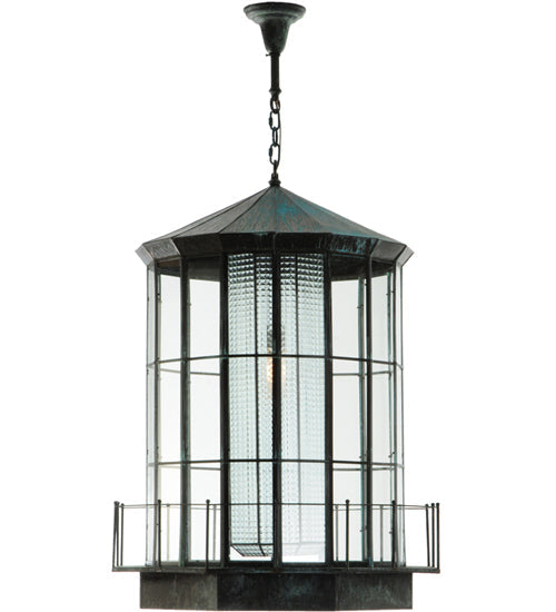 Meyda Lighting Lighthouse 29" Verdigris Lantern Pendant Light With Clear Prismatic Shade Glass