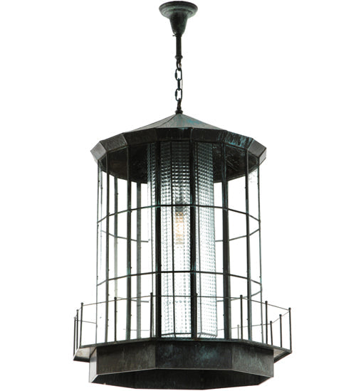 Meyda Lighting Lighthouse 29" Verdigris Lantern Pendant Light With Clear Prismatic Shade Glass