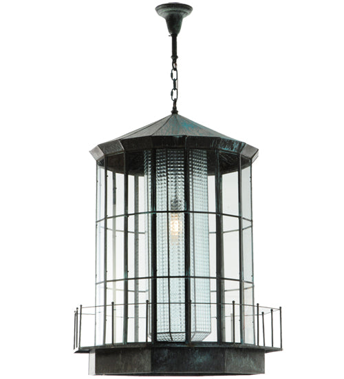 Meyda Lighting Lighthouse 29" Verdigris Lantern Pendant Light With Clear Prismatic Shade Glass