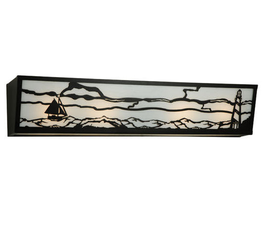 Meyda Lighting Lighthouse 31" 4-Light Textured Black Sailboat Vanity Light With White Art Shade Glass