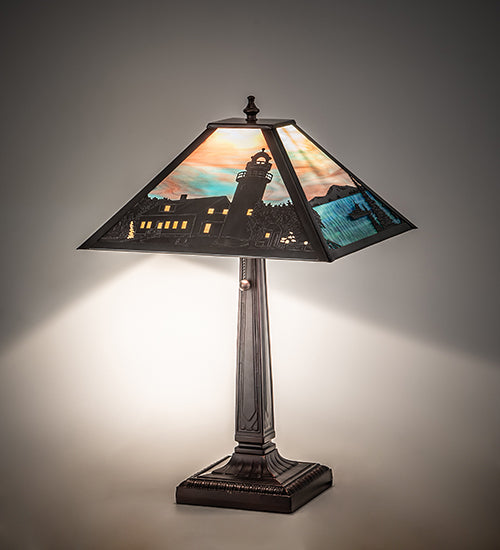 Meyda Lighting Lighthouse Bay 21" Craftsman Brown On Brass Table Lamp With Multi-Colored Shade Glass