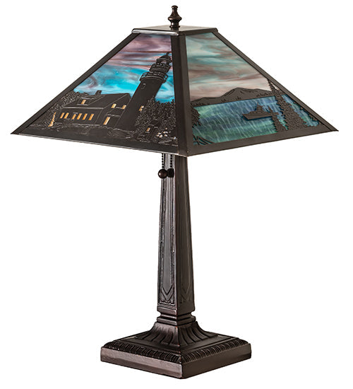 Meyda Lighting Lighthouse Bay 21" Craftsman Brown On Brass Table Lamp With Multi-Colored Shade Glass