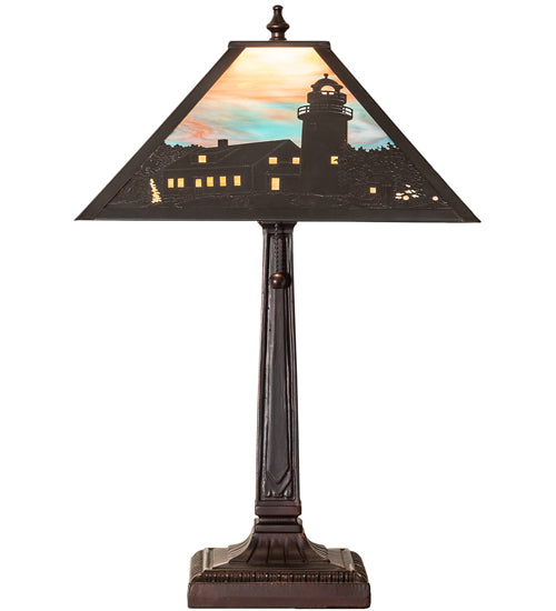 Meyda Lighting Lighthouse Bay 21" Craftsman Brown On Brass Table Lamp With Multi-Colored Shade Glass