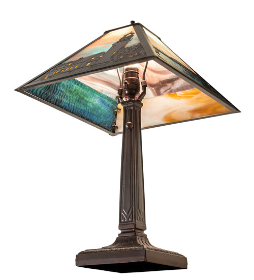 Meyda Lighting Lighthouse Bay 21" Craftsman Brown On Brass Table Lamp With Multi-Colored Shade Glass
