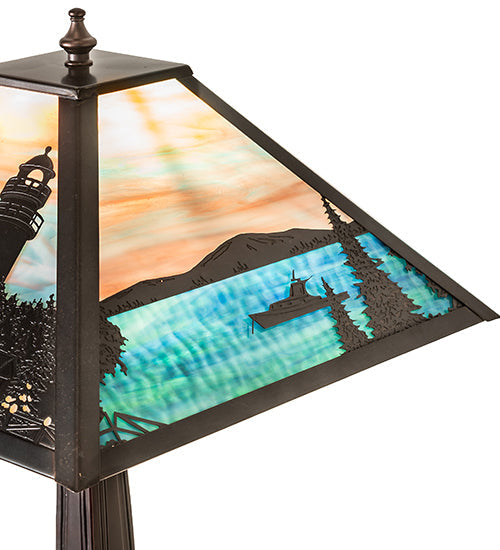 Meyda Lighting Lighthouse Bay 21" Craftsman Brown On Brass Table Lamp With Multi-Colored Shade Glass