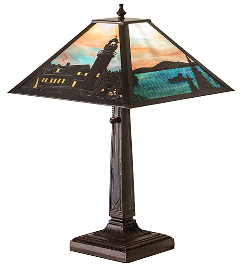 Meyda Lighting Lighthouse Bay 21" Craftsman Brown On Brass Table Lamp With Multi-Colored Shade Glass