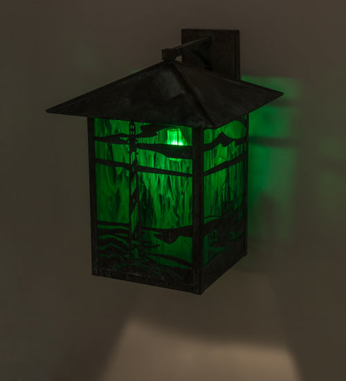 Meyda Lighting Lighthouse & Trawler 17" Verdigris Straight Arm Wall Sconce With Emerald Green Shade Glass