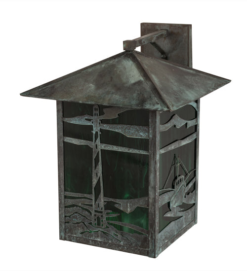 Meyda Lighting Lighthouse & Trawler 17" Verdigris Straight Arm Wall Sconce With Emerald Green Shade Glass