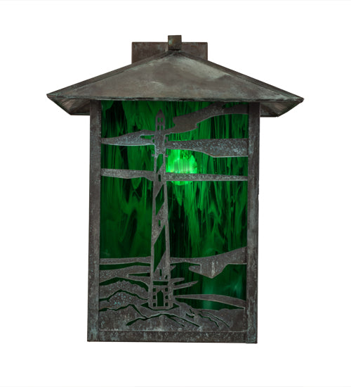 Meyda Lighting Lighthouse & Trawler 17" Verdigris Straight Arm Wall Sconce With Emerald Green Shade Glass