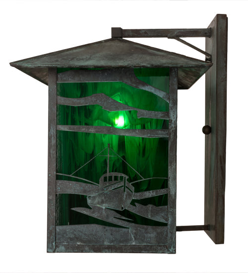 Meyda Lighting Lighthouse & Trawler 17" Verdigris Straight Arm Wall Sconce With Emerald Green Shade Glass