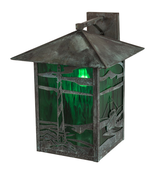 Meyda Lighting Lighthouse & Trawler 17" Verdigris Straight Arm Wall Sconce With Emerald Green Shade Glass