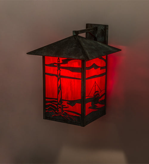 Meyda Lighting Lighthouse & Trawler 17" Verdigris Straight Arm Wall Sconce With Red Art Shade Glass