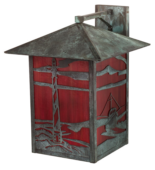 Meyda Lighting Lighthouse & Trawler 17" Verdigris Straight Arm Wall Sconce With Red Art Shade Glass